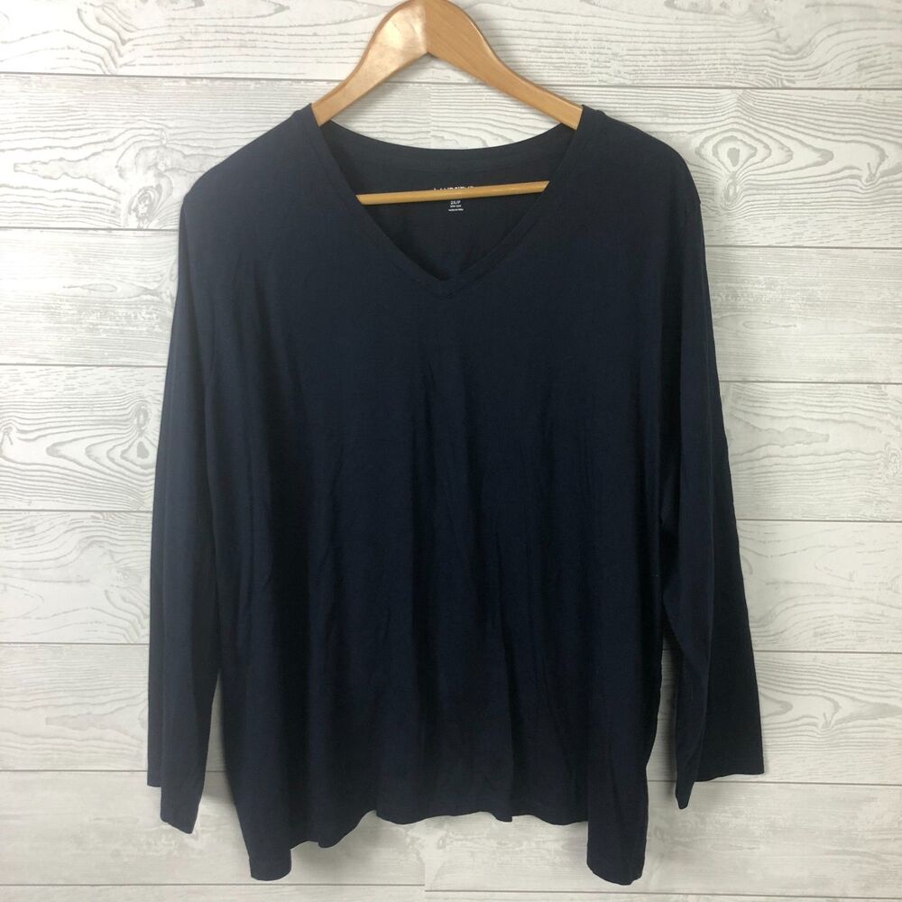 Lands End Women's 2X Relaxed Fit Long Sleeve V Neck Tee Shirt 100% Cotton Blue